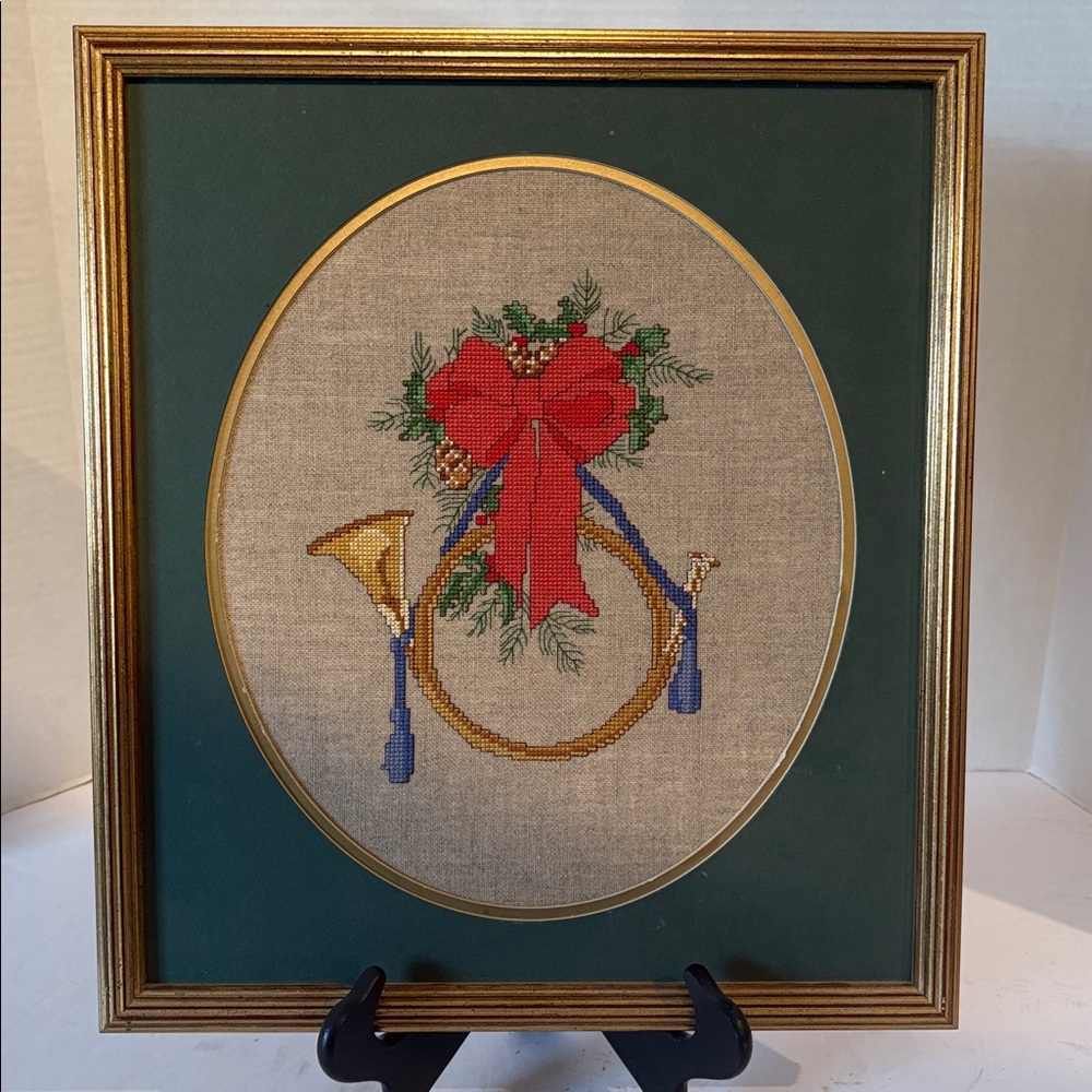 Framed Holiday Cross-Stitch with Red Bow